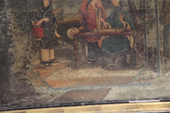 19th century Chinese School Courtiers playing a board game in a garden, 20 x 24.5in., canvas torn